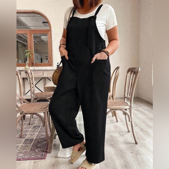Boho Plus Size Pockets Straps Knot Wide Leg Jumpsuit - Picture 9 of 14